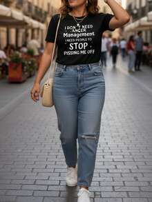 Camiseta casual con estampado de letras para primavera y verano / camiseta de manga corta - Negro - Ver 4