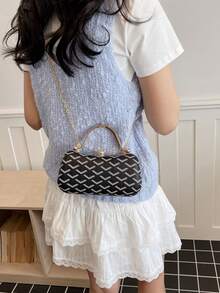 Bolso de mano de estilo retro coreano con patrón geométrico, diseño de cadena de metal, elegante para citas, bodas, versátil como bolso de mano y de hombro - Negro - Ver 6