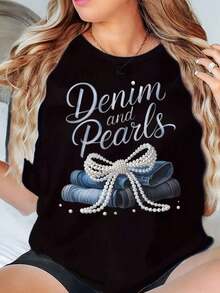 New Arrivals For Summer.Women's T-Shirt Round Neck Denim And Pearls Graphic Print Casual Summer TopBlouse,Shirt > Beautiful. - 黑色 - 查看 1