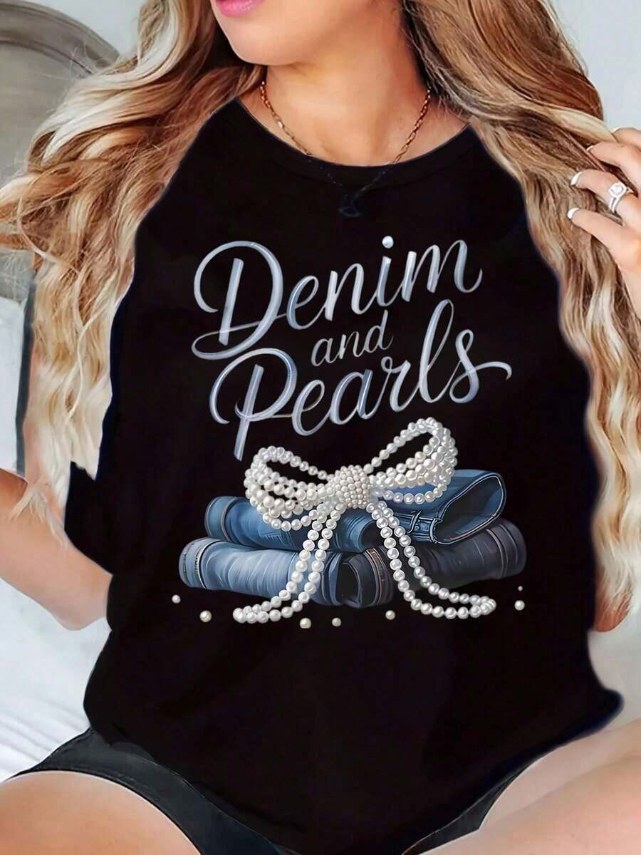New Arrivals For Summer.Women's T-Shirt Round Neck Denim And Pearls Graphic Print Casual Summer TopBlouse,Shirt > Beautiful. - 黑色 - 查看 1