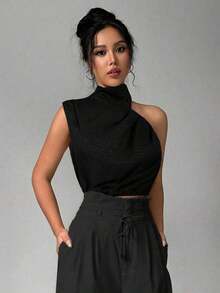 Blusa sin mangas de cuello alto de lino para mujer, blusa para ir al trabajo, camisa sin mangas asimétrica, adecuada para ir al trabajo, elegante, vacaciones, playa, estilo bohemio, Hawái, Día del Maestro, festival de música - Negro - Ver 8