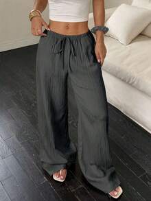 Women's Wide-Leg Pants With Diagonal Pocket, Tie Waist, And Solid-Color Textured Fabric - 灰色 - 查看 3