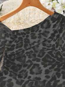 Body de manga larga con hombros transparentes y estampado de leopardo para mujer - Gris - Ver 6