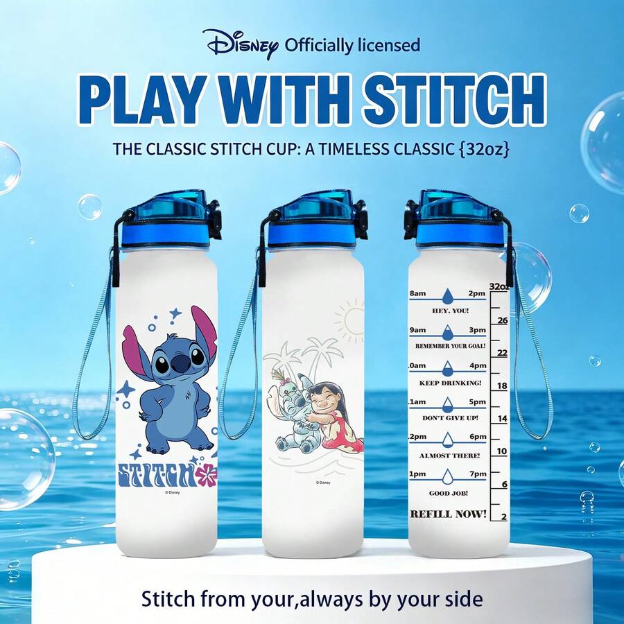 Disney 1个迪士尼塑料杯,印有史迪奇卡通图案和容量刻度,32盎司耐用防漏杯,带吸管 - 史迪奇 - 查看 1