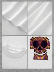 Colorful Skull Inspired By The Day Of The Dead With Guitars And Flowers Symbolizing Joy, Memory And Celebration Of Life. Casual And Comfortable Women's T-Shirt For Everyday Wear. - 白色 - 查看 4