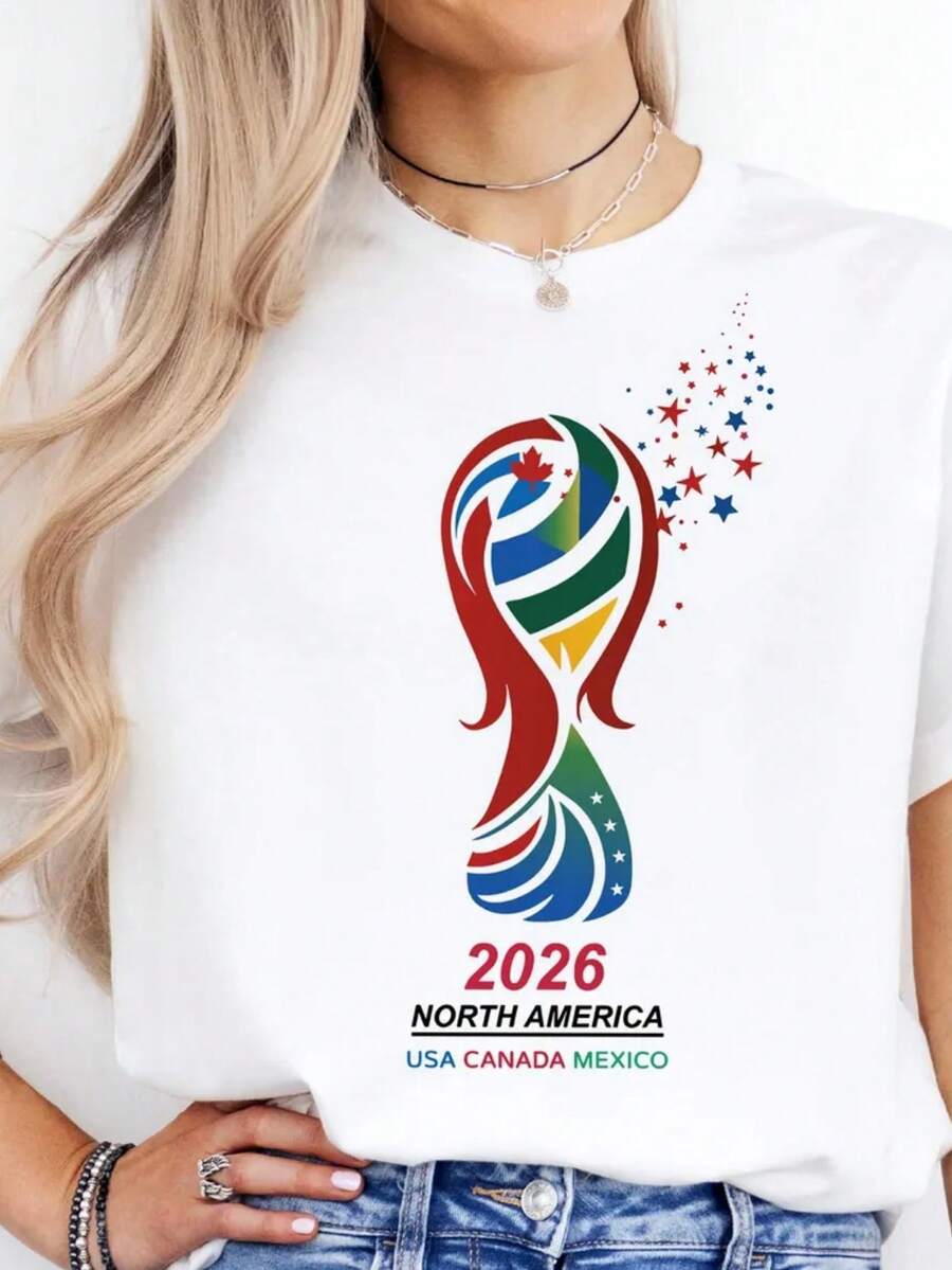 2026 World USA MEX CAN T-Shirt Women's Fashionable Casual T-Shirt With Creative Print, Short Sleeve, Round Neck, For Spring And Summer - Festive Celebration Shirt, Party Wear Top - 白色 - 查看 1