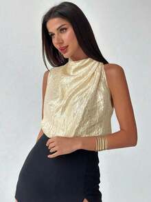 Camisa asimétrica plisada de color albaricoque, elegante y de moda, para uso diario en la oficina, de vacaciones o en festivales de música, para primavera/verano - Albaricoque - Ver 9