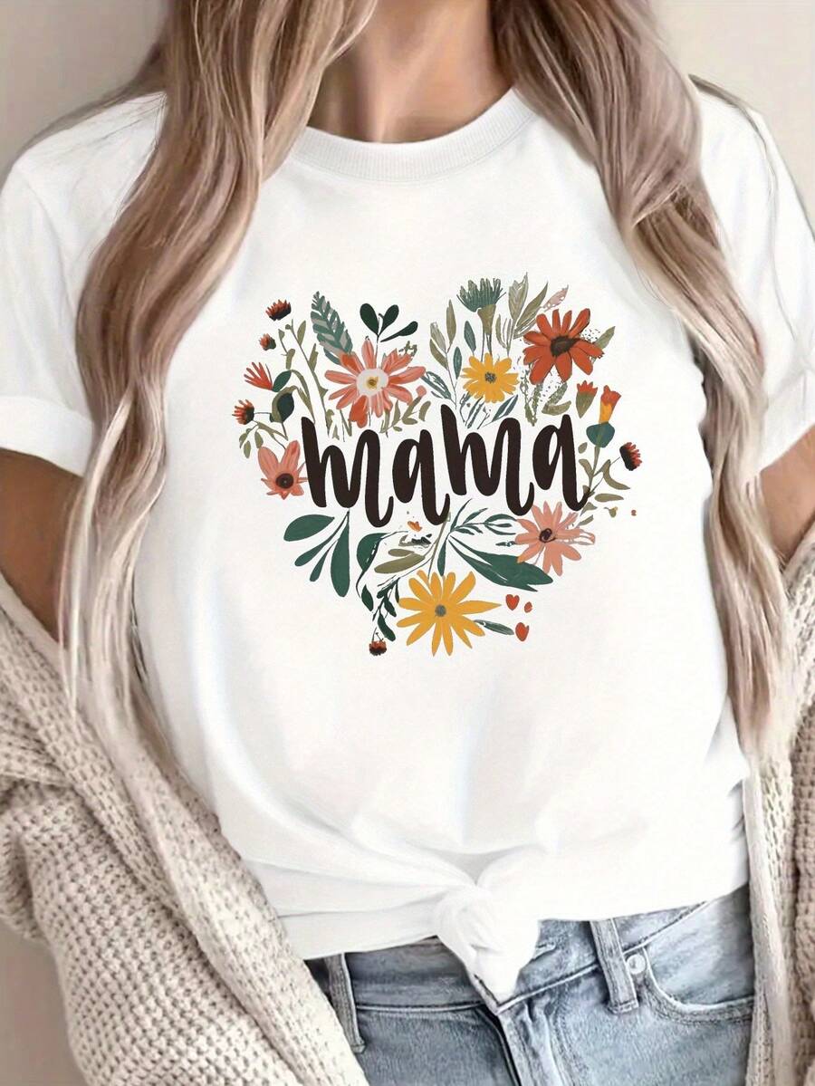 Camiseta de cuello redondo con estampado de Mama & Wildflowers, camiseta casual de manga corta para primavera/verano, ropa de mujer. - Blanco - Ver 1