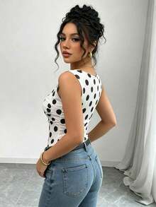 Camiseta sin mangas de verano ajustada de cuello cuadrado de unicolor elegante y casual para mujer - Blanco y Negro - Ver 2