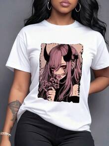A Mysterious, Ethereal Beauty With Bold Horns And Piercing Red Eyes, Her Loose Lilac Hair Holding Delicate Purple Flowers, Reflecting A Unique Charm Between Mystical Strength And Subtle Grace. Women's T-Shirt 220g, Casual Short Sleeve. - 白色 - 查看 7