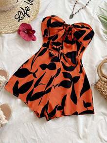 Mono de verano con estampado de silueta acuarelada para mujer, adecuado para vacaciones, cruceros, carnavales y resorts.Diseño con nudo delantero y espalda descubierta, corte holgado, para fiestas, citas, San Valentín y para usar en capas. - Naranja - Ver 3