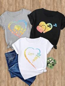 Women's T-Shirts, 1-Piece Set With Rainbow Heart Floral Print, 1-Piece Elegant, Casual, Sporty, Ideal For Parties, Soft And Machine Washable, Short-Sleeved Top With Round Neck. - 1件黑色隨機圖案 - 查看 6