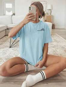 Summer Tops[Double-Sided Print] Women's T-Shirt, Short-Sleeved Round-Neck Casual Top, Featuring A Tractor Graphic With The Text "Thank A Farmer." Mach - 藍色 - 查看 4