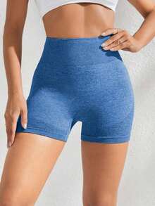 Sport Pantalones cortos deportivos sin costuras de cintura alta para mujer - Pantalones cortos con control de abdomen y elevación del trasero suave para correr, ciclismo, yoga, pickleball, ejercicio, uso diario, color negro - Azul - Ver 3