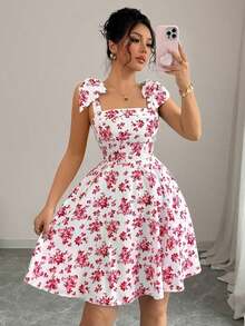 Nuevo vestido de línea A con lazo en el hombro y cintura, estampado floral diminuto, elegante y casual para vacaciones, con silueta favorecedora - Rojo - Ver 3