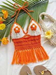 Top de punto con cuello de halter, bajo con flecos y cuentas para mujer, adecuada para vacaciones, citas, té de la tarde, playa, crucero, viaje a la ciudad, temporada de bodas, festival de música, vacaciones bohemias - Multicolor - Ver 6
