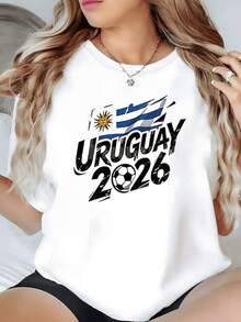 Uruguayan Flag Waving Next To A Ball Symbolizing National Pride And Passion For Uruguayan Football On The Road To 2026. Women's Casual T-Shirt, Modern, Comfortable And Cool - 白色 - 查看 8