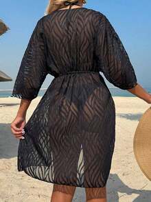 Vestido playero de manga larga con hombros descubiertos y cinturón en la cintura, de color sólido y jacquard, para mujer, negro, para vacaciones de verano. - Negro 2 - Ver 10