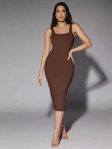Vestido tank de espalda baja unicolor - Café integral - Ver 5