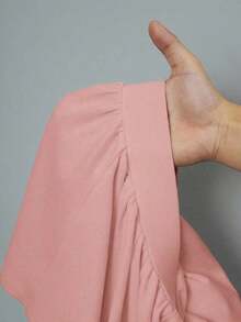 Nuevo conjunto casual de 2 piezas de estilo primavera y verano: Camiseta básica de cuello redondo, manga corta y con pliegues a ambos lados + Falda-paraguas con vuelo, corta por ambos lados, de largo medio, en tejido de punto acanalado gris claro - Rosa vieja - Ver 4