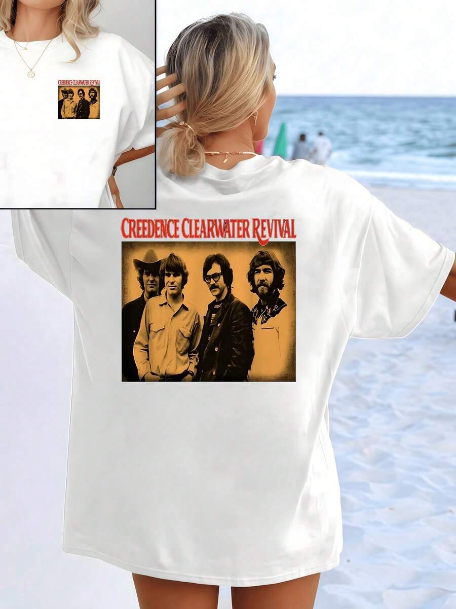 Artistic Portrait Evoking A Golden Age Of Rock, Showcasing Four Iconic Figures Against A Sepia Background With Red Lettering That Conveys Energy And Nostalgia. Women's T-Shirt With Double Print For A Modern And Authentic Look. - 白色 - 查看 1