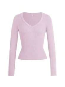 Women's Fitted And Sexy Knit Top, Long Sleeve, V-Neck, Solid Color, Casual Spring T-Shirt, White. - 淺粉色 - 查看 3