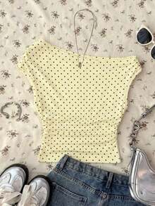 Blusa corta asimétrica fruncida para mujer - Amarillo claro - Ver 7