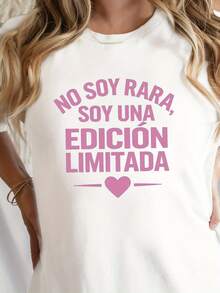 Camiseta con Estampado de Corazón Español, Manga Corta y Cuello Redondo, Top Casual para Verano y Primavera, Ropa de Mujer - [Blanco] - Ver 2