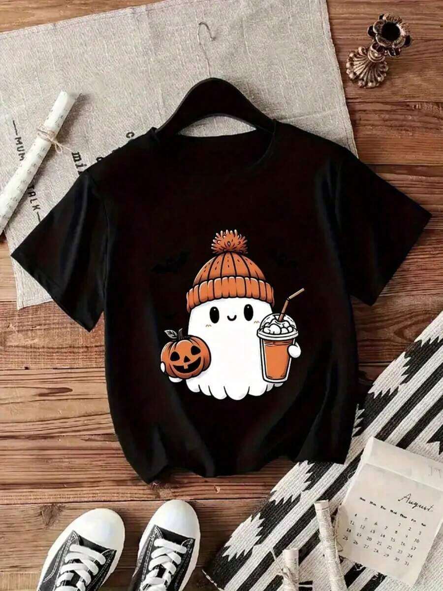 Halloween, Day Of The Dead Women's Plus Size Graphic T-Shirt - Pumpkin And Bat Print, Loose Fit With Short Sleeves And Crew Neck, Breathable Sweat-Wicking Fabric, Unisex Gift For Spring, Summer And Year-Round Wear - 黑色底橙色 - 查看 1
