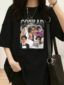 Women's T-Shirt With A  Print Design And Collage Portrait Of Conrad Fisher, Suitable For Casual Summer Wear, A Gift For Fans, Perfect For Everyday Outfits And As A Present, A Circus T-Shirt, Ideal For Vacation And Playtime, Great For Parties And Family Holiday Outfits, Summer Outfit, Warm Weather Clothing. - 黑色 - 查看 7