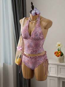 Swim Mod Conjunto de traje de baño de verano con top corto con volantes y estampado de lunares y Bottom de bikini con lazo en la cintura para mujer - Multicolor - Ver 5