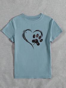Camiseta Casual de Manga Corta con Cuello Redondo para Mujer, con Estampado de Huella de Perro y Corazón - Neblina azul - Ver 3