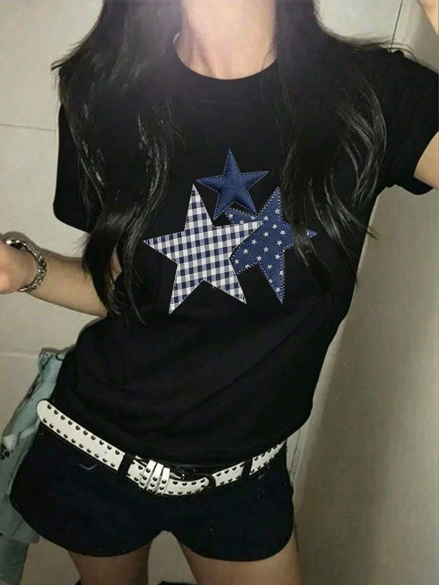 Summer Cheer From Japan! White On White Star Print Cotton T-Shirt, Women's Short Sleeve Crew Neck Cotton T-Shirt, Casual Japanese Feminine Style. - 黑色 1 - 查看 1