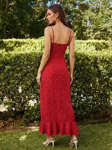 Vestido ajustado con abertura y volante en el bajo, estampado, para mujer, ideal para primavera y verano - Rojo - Ver 2