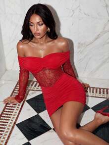Vestido corto de verano para mujer con hombros descubiertos, volantes y encaje en contraste sexy - Rojo - Ver 6