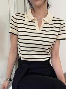 Suéter de mujer con cuello y mangas cortas a rayas para otoño - Albaricoque 2 - Ver 5