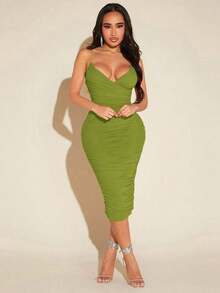 Vestido de punto de corte en V profundo con tirantes finos y ajustado hasta la rodilla para mujer - Verde - Ver 6