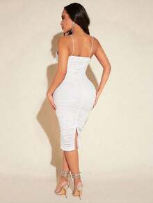 Vestido de punto de corte en V profundo con tirantes finos y ajustado hasta la rodilla para mujer - Blanco - Ver 2