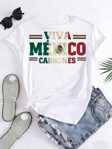 Playera mujer Viva México Cabrones Diseño de la Bandera de México Para Mujeres Hombres Unisex Camiseta Casual para Celebrar el Día de la Independencia Mexicana, Camiseta Patriótica, 220g Casual diario - Blanco - Ver 4