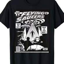 Camiseta de mujer con estampado de cómic vintage de platillos voladores, camiseta informal de algodón de manga corta con cuello redondo, top con estampado de ovnis estilo grunge. - Negro - Ver 1