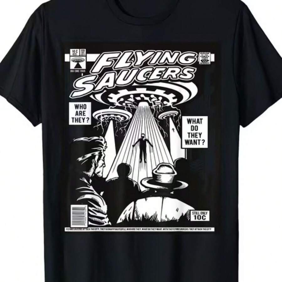 Camiseta de mujer con estampado de cómic vintage de platillos voladores, camiseta informal de algodón de manga corta con cuello redondo, top con estampado de ovnis estilo grunge. - Negro - Ver 1