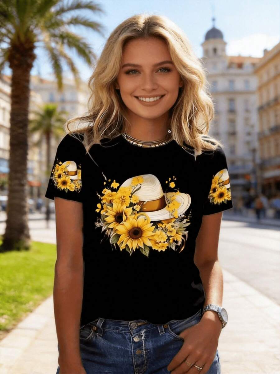 Camiseta de Mujer con Estampado Floral - Negra con Diseño de Girasol Amarillo y Sombrero, Transpirable, Camiseta Casual de Cuello Redondo para Primavera Verano Otoño, Lavable a Máquina, Perfecta para Reuniones al Aire Libre y Ropa Casual, Blusa con Estampado Floral, Camiseta Gráfica de Girasol - Negro - Ver 1