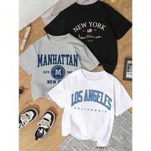 Nueva camiseta de manga corta con cuello redondo para mujeres, diseño urbano, combina perfectamente un estampado de la ciudad de Nueva York con la bandera estadounidense sobre fondo negro, transpirable y absorbe la sudoración. Envío directo desde nuestro almacén local, modelo para parejas, ideal para llevar en pareja. - 1 pieza, empaque individual, color negro - Ver 2