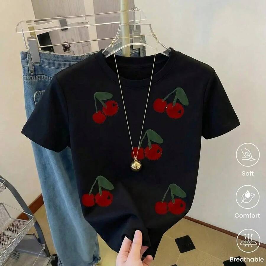 Short-Sleeved T-Shirt For Spring/Summer 2026, Made In Mexico, 180 Grams. Cartoon Print, Couple Design, Suitable For Indoor Or Outdoor Wear. Crew Neck, Unisex, Ideal For Office And Leisure. One-Pack. - 黑色 - 查看 1