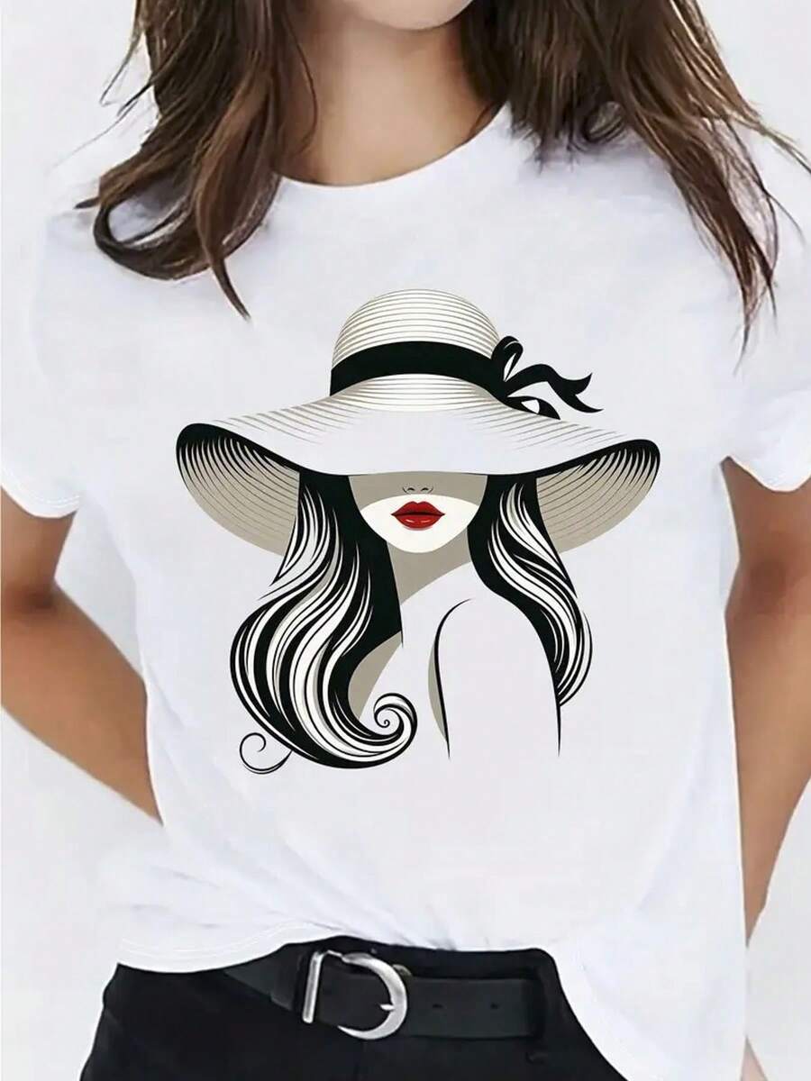 1pieza Camiseta de mujer de algodón 100% con estiloso estampado de retrato - Transpirable y absorbente de sudor Entalle suelto Cuello redondo Manga corta Casual para deportes al aire libre, comodidad para todas las estaciones, lavable en máquina Regalo de vacaciones, camiseta deportiva manga corta cómoda - Blanco - Ver 1