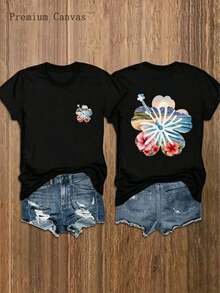 3 piezas 1 pieza de camiseta para mujer|   Estilo Vacaciones en la Playa,% Suave y Transpirable, Estilo Boho con Estampado Floral, Cuello Redondo, Manga Corta Casual, Gráfico de Flor de Hibisco en la Parte Delantera y Trasera, Estilo Tropical de Playa para Conjuntos de Verano - Conjuntos de Verano para Mujer|Moda Urbana Local de Primavera/Verano||Uso Casual Diario Primavera Verano Moderno Moldeador|Conjunto de verano para mujer, ropa de vacaciones|Blusas elegantes para mujer, ropa de primavera, blusas de verano. - Negro - Ver 1