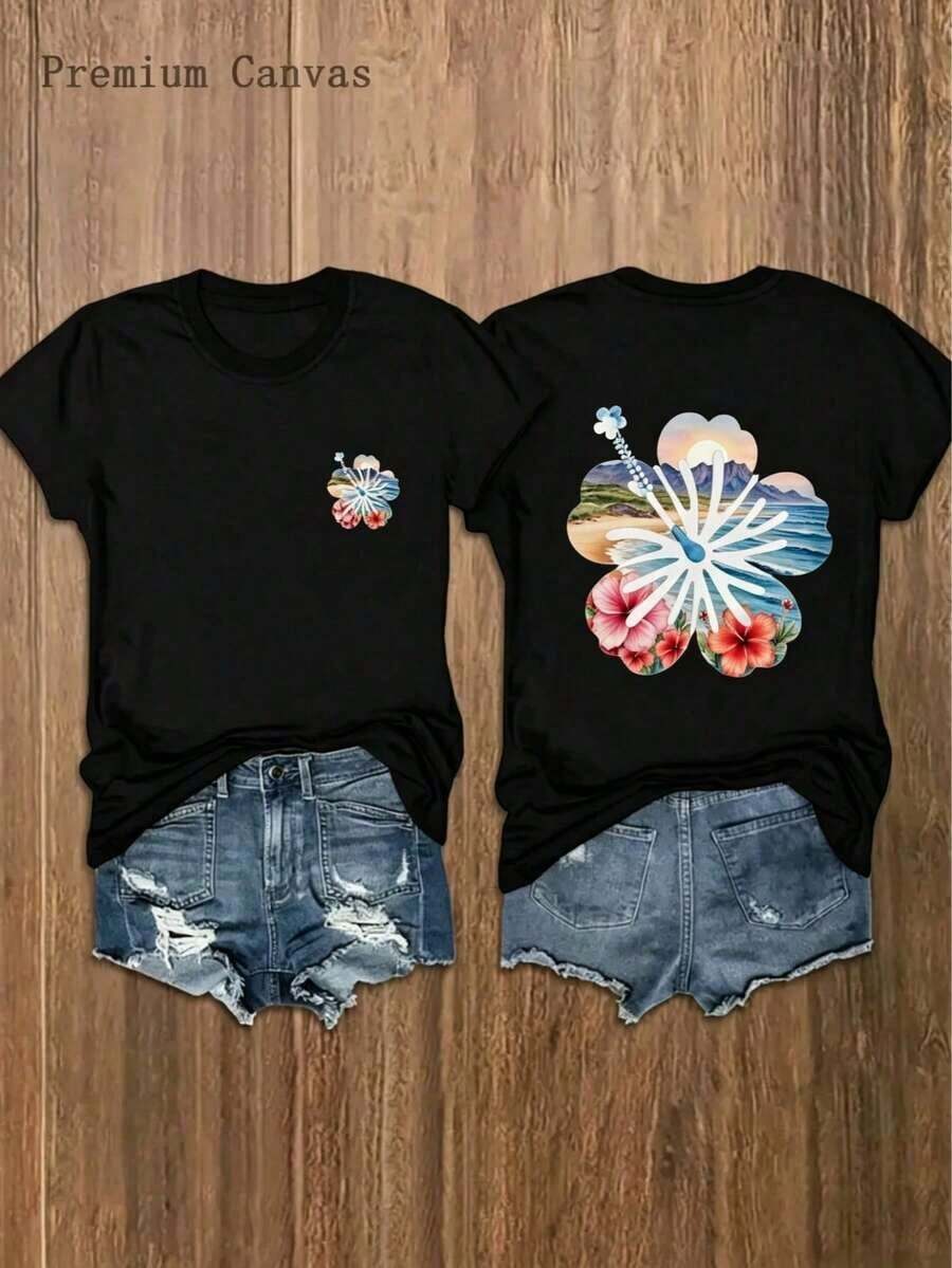 3 piezas 1 pieza de camiseta para mujer|   Estilo Vacaciones en la Playa,% Suave y Transpirable, Estilo Boho con Estampado Floral, Cuello Redondo, Manga Corta Casual, Gráfico de Flor de Hibisco en la Parte Delantera y Trasera, Estilo Tropical de Playa para Conjuntos de Verano - Conjuntos de Verano para Mujer|Moda Urbana Local de Primavera/Verano||Uso Casual Diario Primavera Verano Moderno Moldeador|Conjunto de verano para mujer, ropa de vacaciones|Blusas elegantes para mujer, ropa de primavera, blusas de verano. - Negro - Ver 1