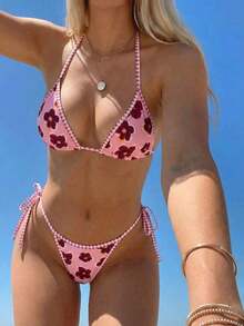 Conjunto de bikini de 2 piezas con estampado floral diminuto y escote halter para vacaciones y playa - Multicolor 3 - Ver 3
