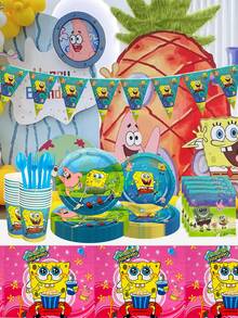 SpongeBob SquarePants SquarePants Series Birthday Party Set - Cartoon-Printed Triangular Flags, Dinner Plates, Paper Cups, Knives And Forks, Napkins, Tablecloth - All Included For A Complete Birthday Party Decoration Kit - Multiple Styles - View 1