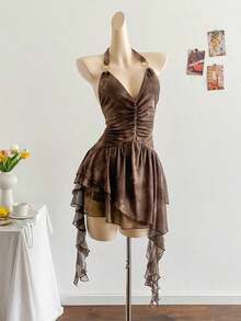 Vestido azul impreso de malla de punto con escote de halter romántico de vacaciones para mujeres - Marrón - Ver 7